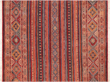 handmade Geometric Khorgeen Red Blue Hand Knotted RECTANGLE 100% WOOL area rug 7x10